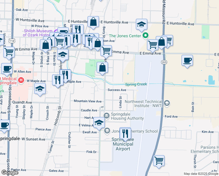 map of restaurants, bars, coffee shops, grocery stores, and more near 505 South Cleveland Street in Springdale