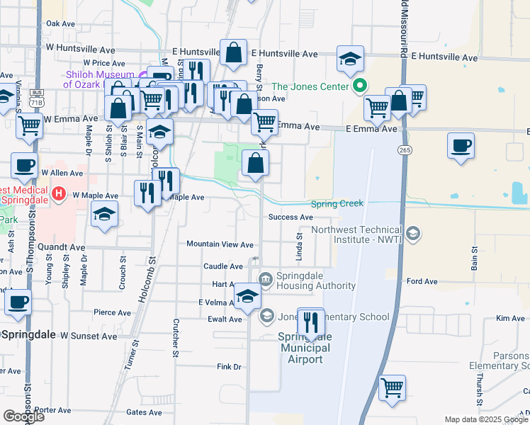 map of restaurants, bars, coffee shops, grocery stores, and more near 506 Park Street in Springdale