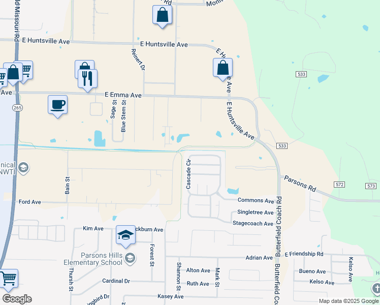 map of restaurants, bars, coffee shops, grocery stores, and more near 555 Cascade Circle in Springdale