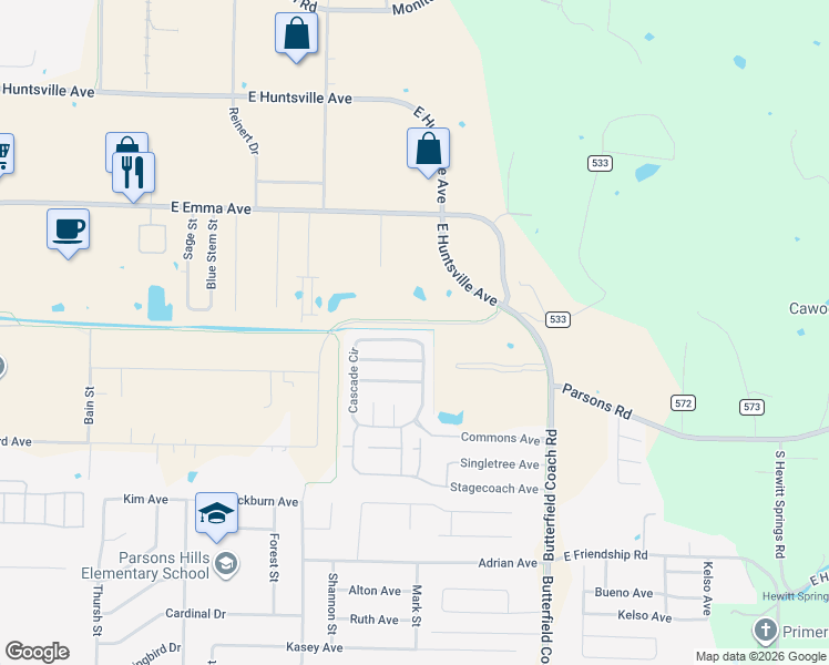 map of restaurants, bars, coffee shops, grocery stores, and more near 710 Cascade Circle in Springdale