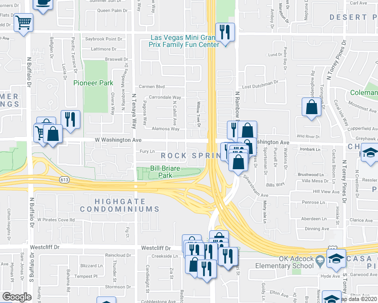 map of restaurants, bars, coffee shops, grocery stores, and more near 805 Rock Springs Drive in Las Vegas