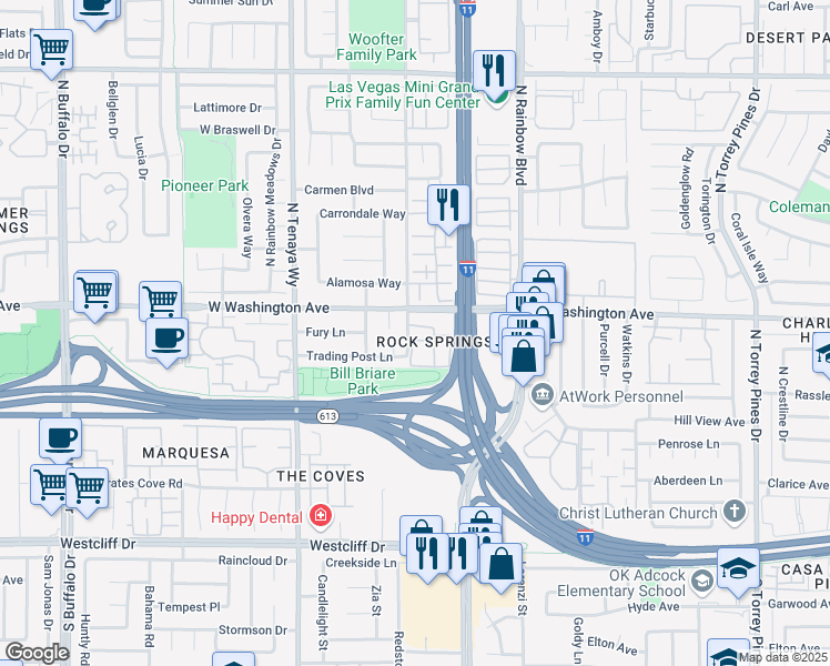 map of restaurants, bars, coffee shops, grocery stores, and more near 805 Rock Springs Drive in Las Vegas