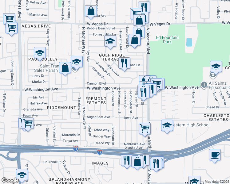 map of restaurants, bars, coffee shops, grocery stores, and more near 712 Donner Street in Las Vegas