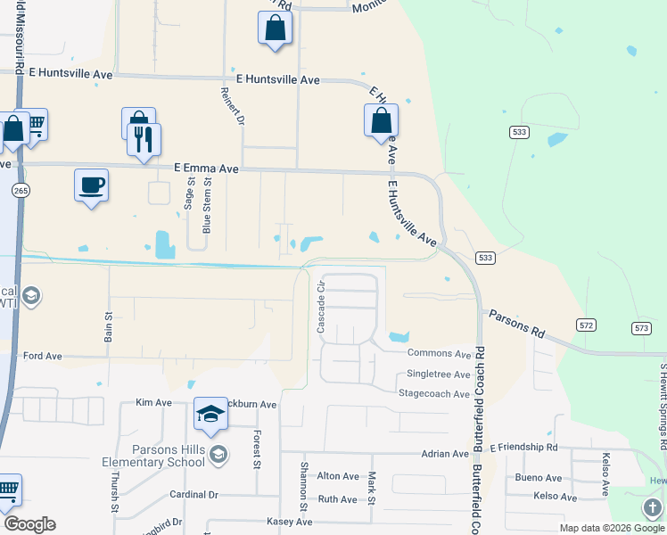 map of restaurants, bars, coffee shops, grocery stores, and more near 2673 Hampshire Avenue in Springdale