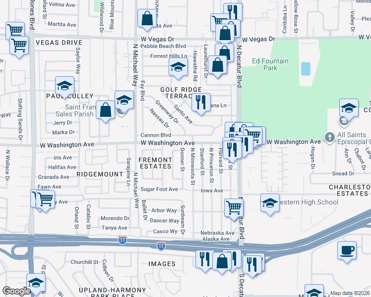 map of restaurants, bars, coffee shops, grocery stores, and more near 712 Donner Street in Las Vegas
