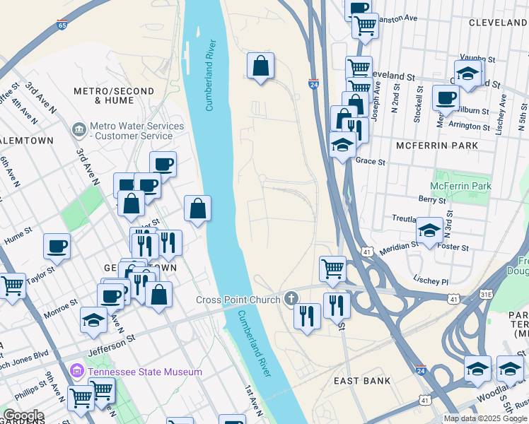 map of restaurants, bars, coffee shops, grocery stores, and more near 1468-1498 Cowan Court in Nashville