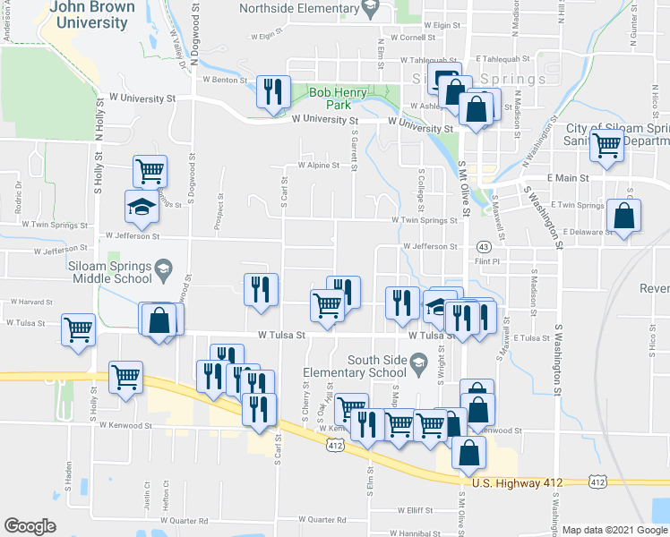 map of restaurants, bars, coffee shops, grocery stores, and more near 598 South Oak Hill Street in Siloam Springs