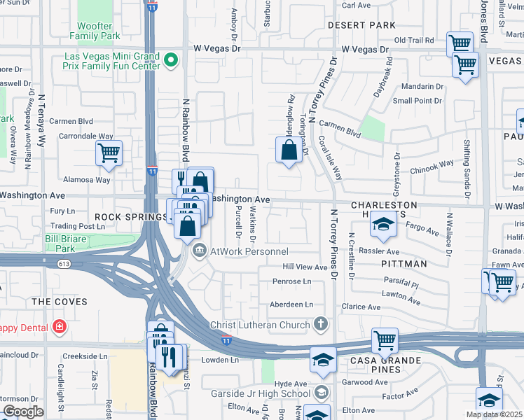 map of restaurants, bars, coffee shops, grocery stores, and more near 6555 Ironbark Lane in Las Vegas