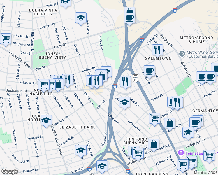 map of restaurants, bars, coffee shops, grocery stores, and more near 1712 9th Avenue North in Nashville