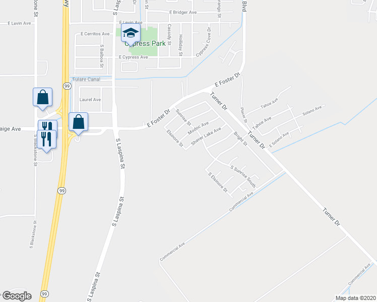 map of restaurants, bars, coffee shops, grocery stores, and more near 1711 Shaver Lake Avenue in Tulare