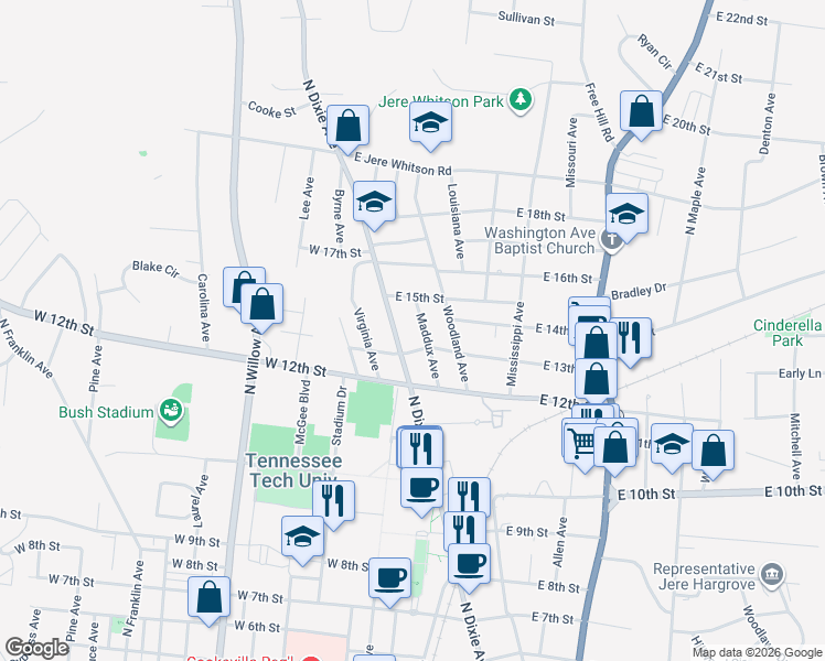 map of restaurants, bars, coffee shops, grocery stores, and more near 1330 Maddux Avenue in Cookeville