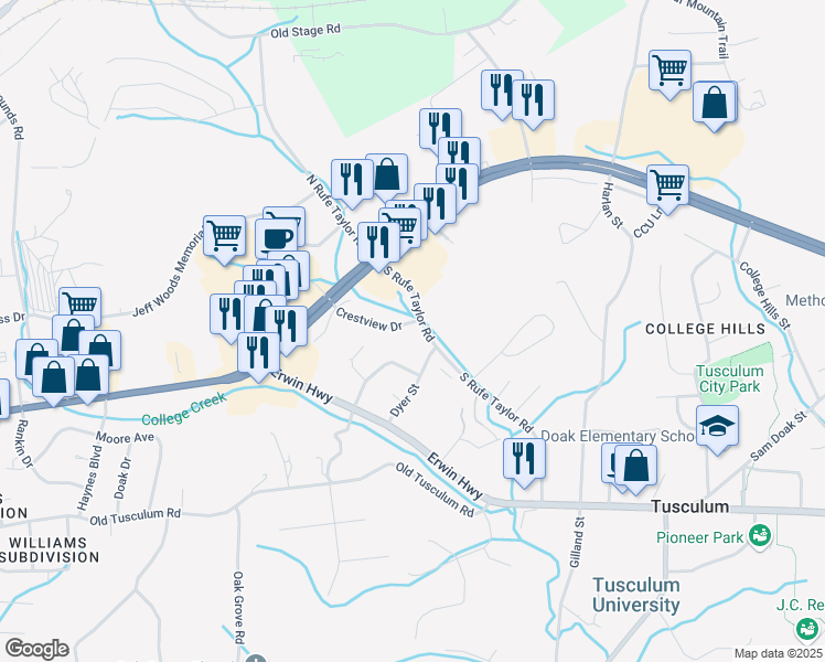 map of restaurants, bars, coffee shops, grocery stores, and more near 800 Crestview Drive in Greeneville