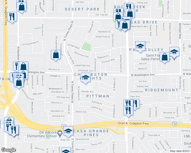 map of restaurants, bars, coffee shops, grocery stores, and more near 6308 Fargo Avenue in Las Vegas
