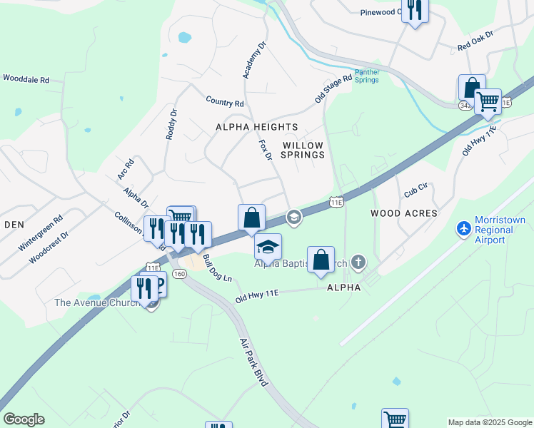 map of restaurants, bars, coffee shops, grocery stores, and more near 5716-5718 W Andrew Johnson Hwy in Morristown