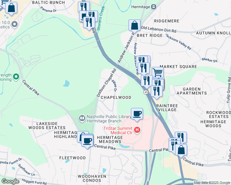 map of restaurants, bars, coffee shops, grocery stores, and more near in Nashville