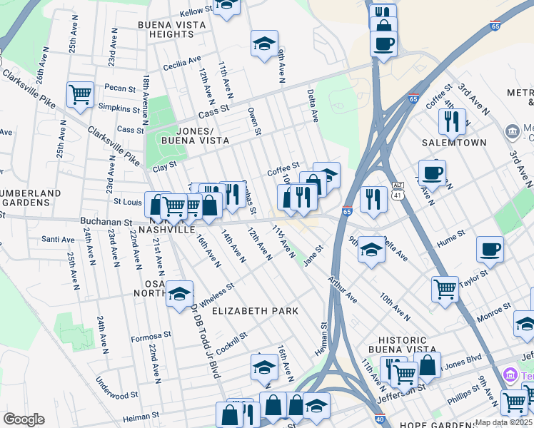 map of restaurants, bars, coffee shops, grocery stores, and more near 1721 11th Avenue North in Nashville