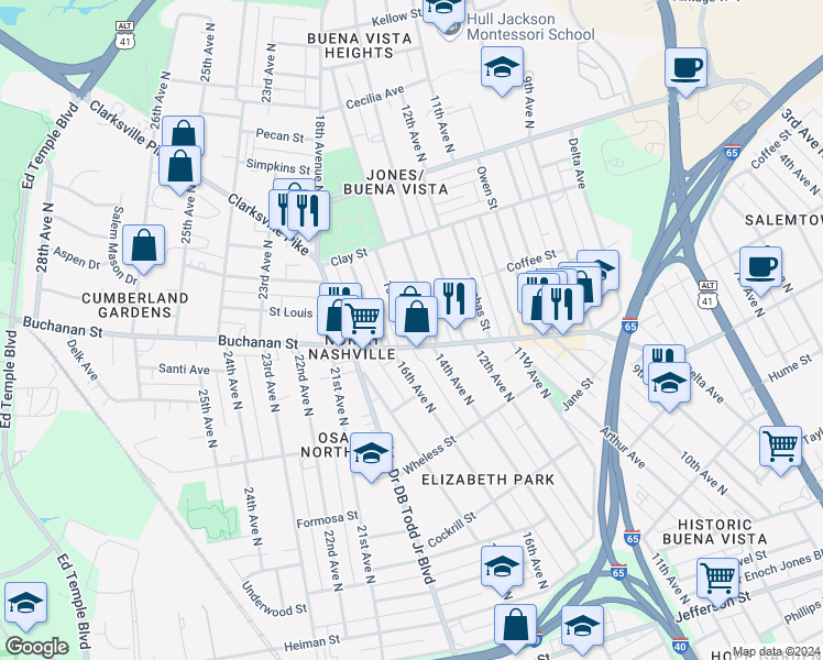 map of restaurants, bars, coffee shops, grocery stores, and more near in Nashville