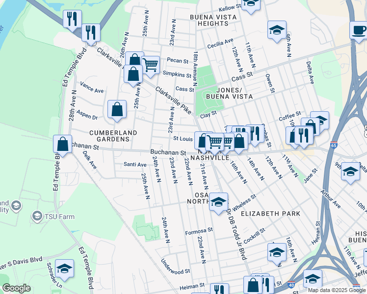 map of restaurants, bars, coffee shops, grocery stores, and more near 2209 Buchanan Street in Nashville
