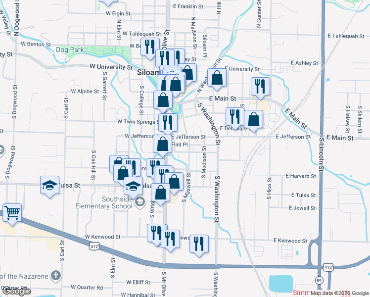 map of restaurants, bars, coffee shops, grocery stores, and more near 605 South Maxwell Street in Siloam Springs