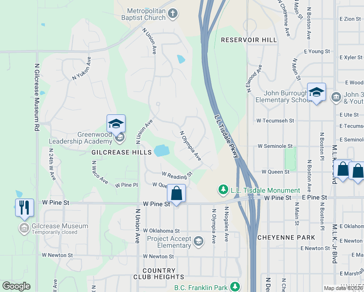 map of restaurants, bars, coffee shops, grocery stores, and more near 1130 West Seminole Place in Tulsa