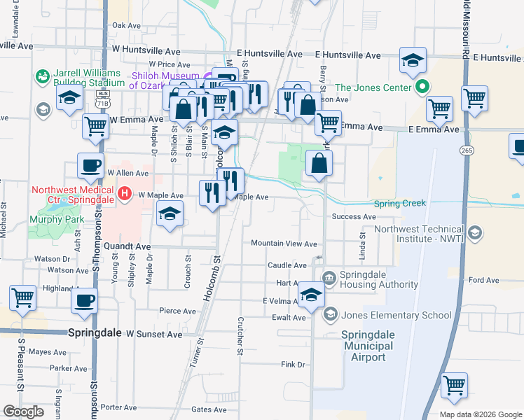 map of restaurants, bars, coffee shops, grocery stores, and more near 309 Robert Circle in Springdale