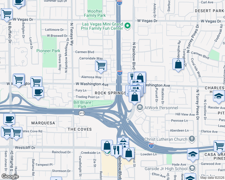 map of restaurants, bars, coffee shops, grocery stores, and more near 825 Rock Springs Drive in Las Vegas