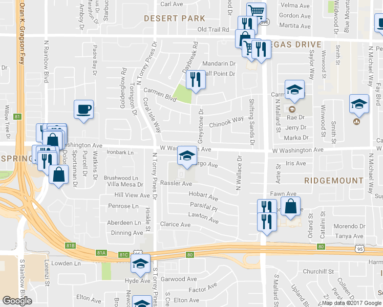 map of restaurants, bars, coffee shops, grocery stores, and more near 6325 West Washington Avenue in Las Vegas