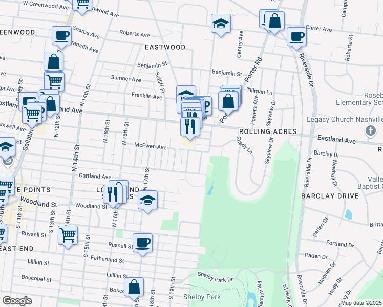 map of restaurants, bars, coffee shops, grocery stores, and more near 419B Lakehurst Drive in Nashville