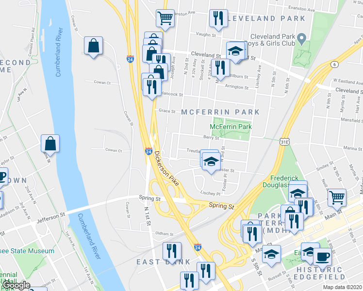 map of restaurants, bars, coffee shops, grocery stores, and more near 203 Treutland Avenue in Nashville