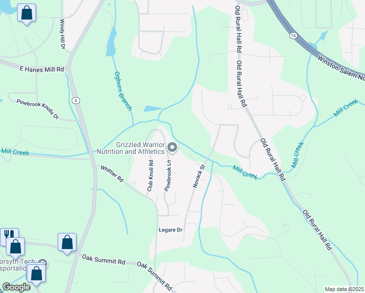 map of restaurants, bars, coffee shops, grocery stores, and more near Kivett Court in Winston-Salem