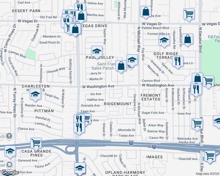 map of restaurants, bars, coffee shops, grocery stores, and more near 801 Westview Drive in Las Vegas