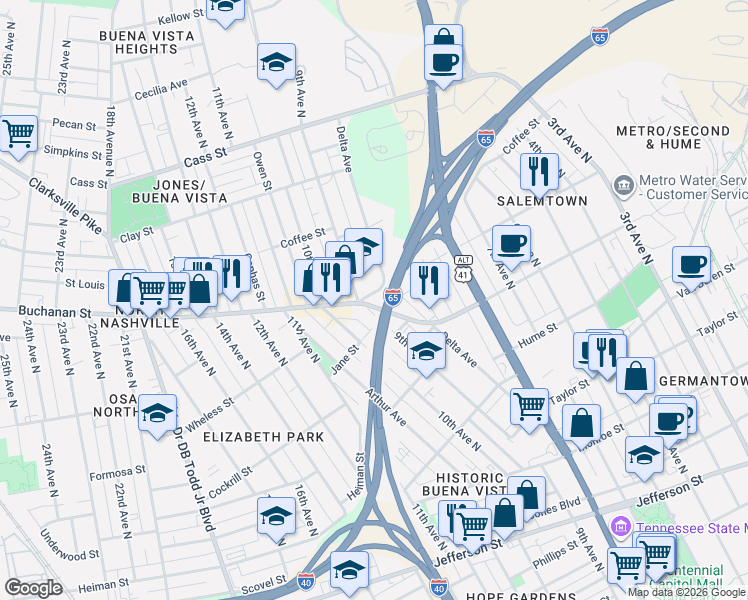 map of restaurants, bars, coffee shops, grocery stores, and more near 900 Buchanan Street in Nashville