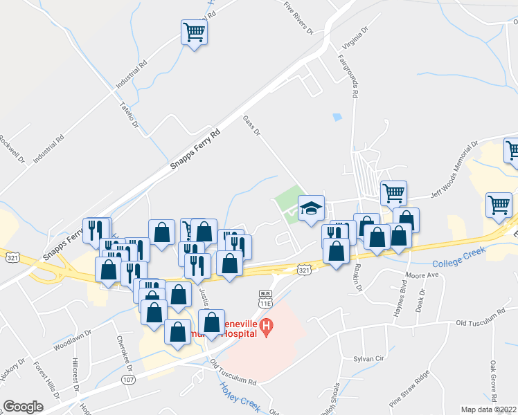 map of restaurants, bars, coffee shops, grocery stores, and more near 210 Luther Street in Greeneville