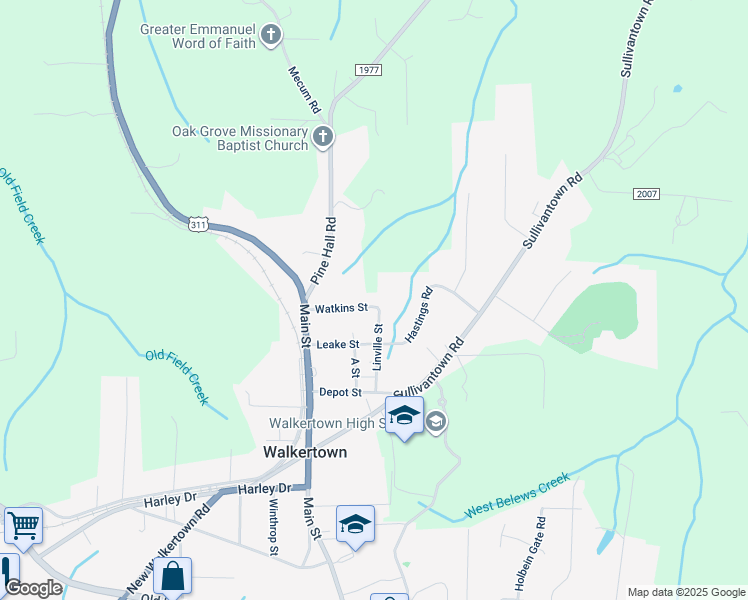 map of restaurants, bars, coffee shops, grocery stores, and more near 3785 Watkins Street in Walkertown