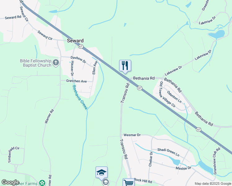 map of restaurants, bars, coffee shops, grocery stores, and more near Transou Road in Pfafftown