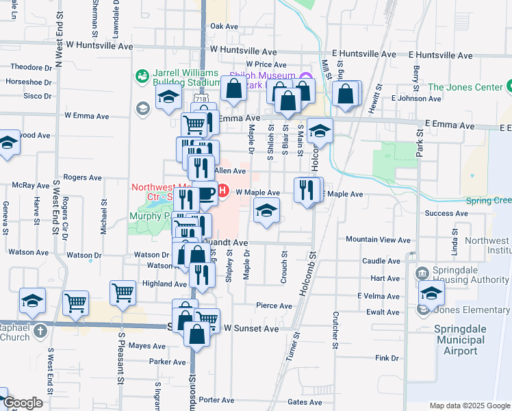 map of restaurants, bars, coffee shops, grocery stores, and more near 606 Maple Drive in Springdale