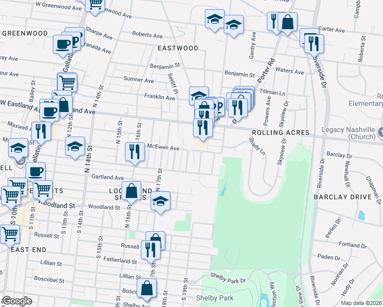 map of restaurants, bars, coffee shops, grocery stores, and more near 419B Lakehurst Drive in Nashville