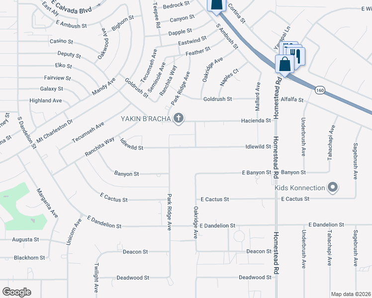 map of restaurants, bars, coffee shops, grocery stores, and more near 2581 Idlewild Street in Pahrump