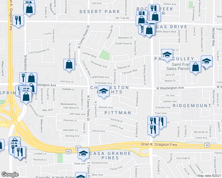 map of restaurants, bars, coffee shops, grocery stores, and more near 6315 West Washington Avenue in Las Vegas