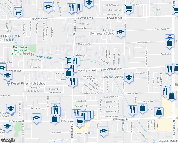 map of restaurants, bars, coffee shops, grocery stores, and more near 129 Sequoia Drive in Las Vegas
