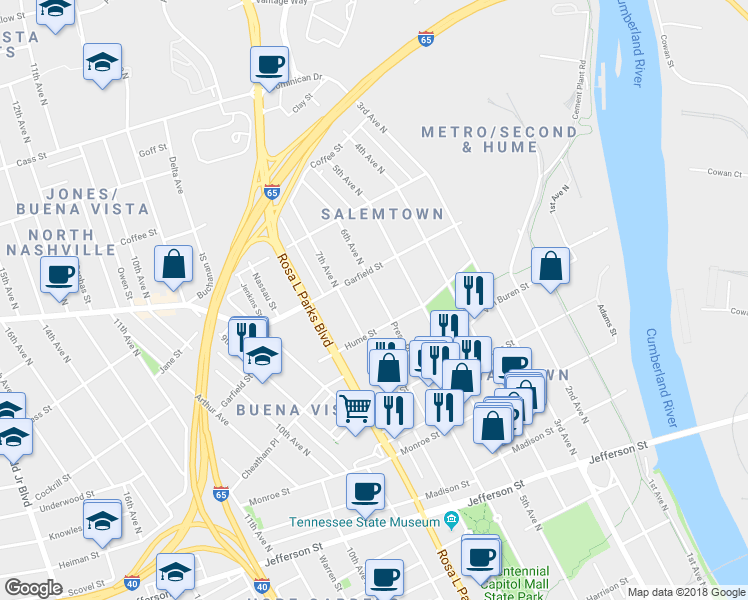 map of restaurants, bars, coffee shops, grocery stores, and more near 602C Hume Street in Nashville