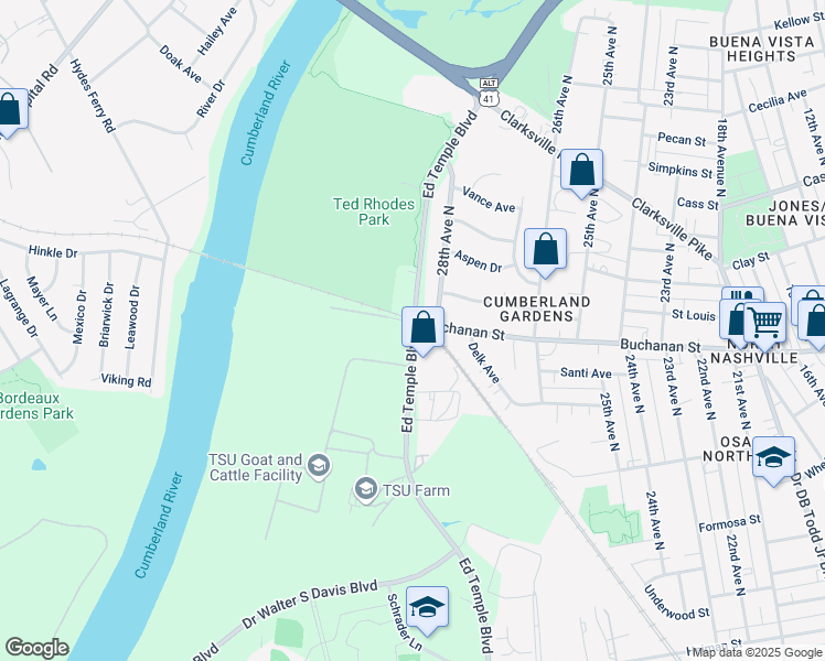 map of restaurants, bars, coffee shops, grocery stores, and more near 1721-1799 Ed Temple Boulevard in Nashville