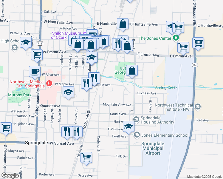 map of restaurants, bars, coffee shops, grocery stores, and more near 309 Robert Circle in Springdale