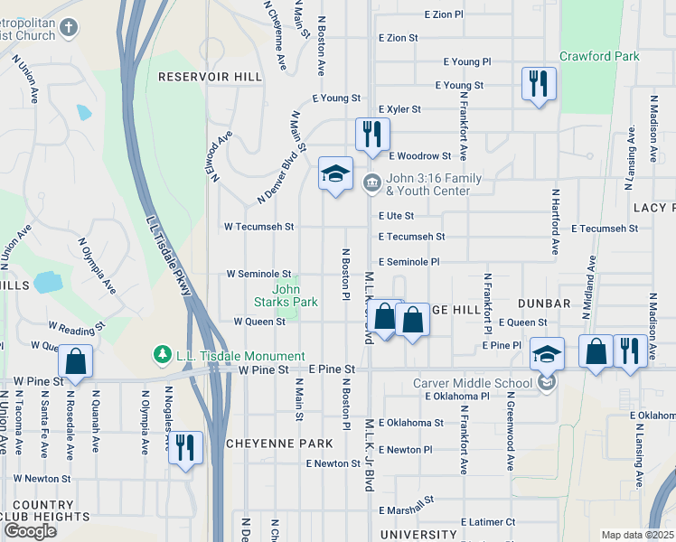 map of restaurants, bars, coffee shops, grocery stores, and more near 1635 North Boston Avenue in Tulsa