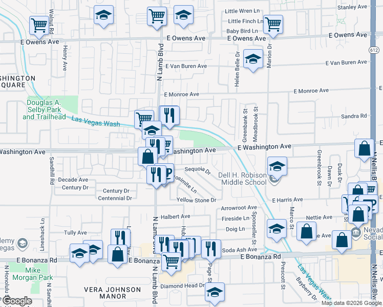 map of restaurants, bars, coffee shops, grocery stores, and more near 129 Sequoia Drive in Las Vegas