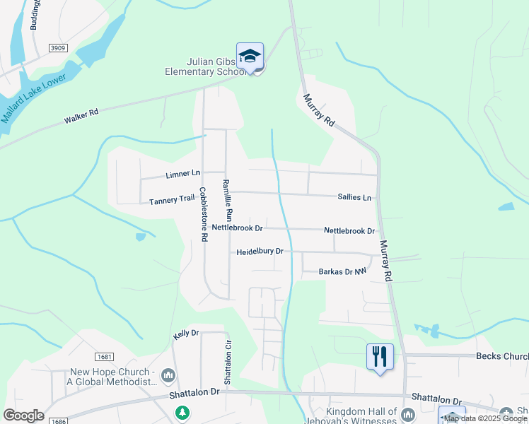 map of restaurants, bars, coffee shops, grocery stores, and more near 2219 Nettlebrook Drive in Winston-Salem