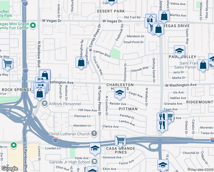 map of restaurants, bars, coffee shops, grocery stores, and more near 6373 West Washington Avenue in Las Vegas