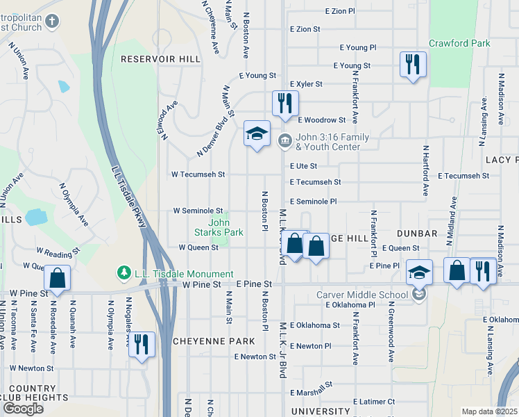 map of restaurants, bars, coffee shops, grocery stores, and more near 1635 North Boston Avenue in Tulsa