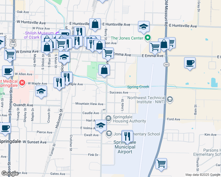 map of restaurants, bars, coffee shops, grocery stores, and more near 506 Park Street in Springdale