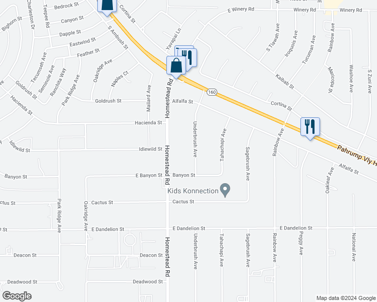 map of restaurants, bars, coffee shops, grocery stores, and more near 2650 Underbrush Avenue in Pahrump